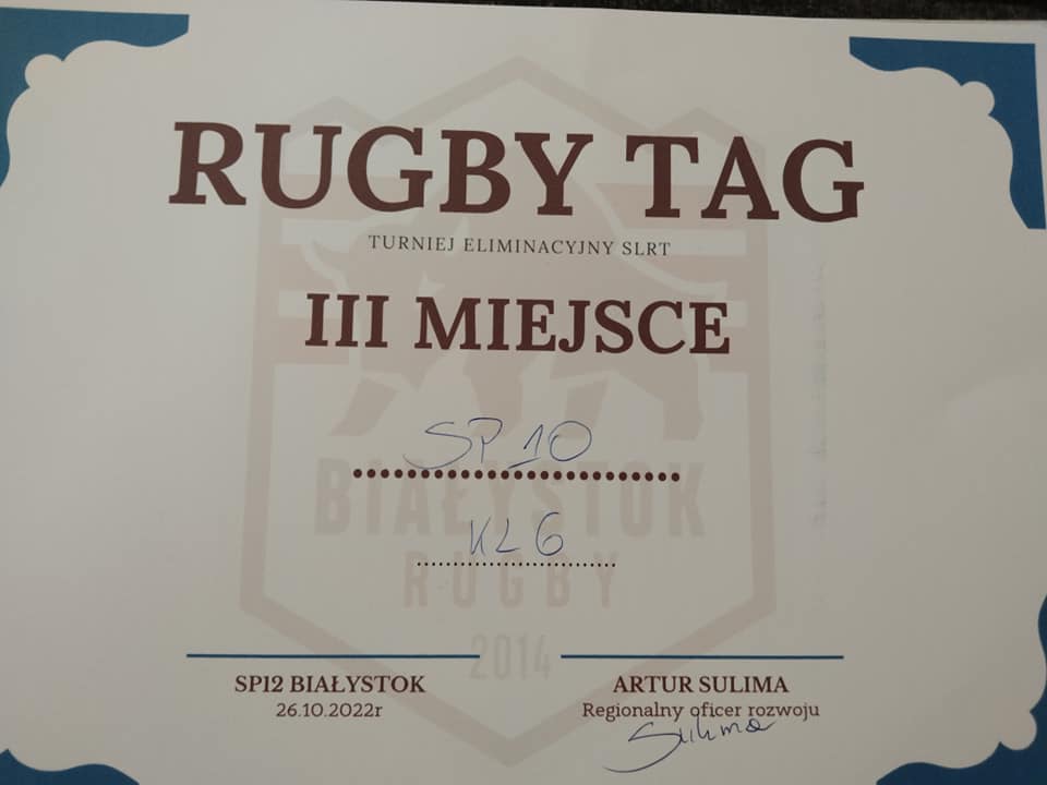 dyplom za zajecie trzeciego miejsca w turnieju Rugby Tag