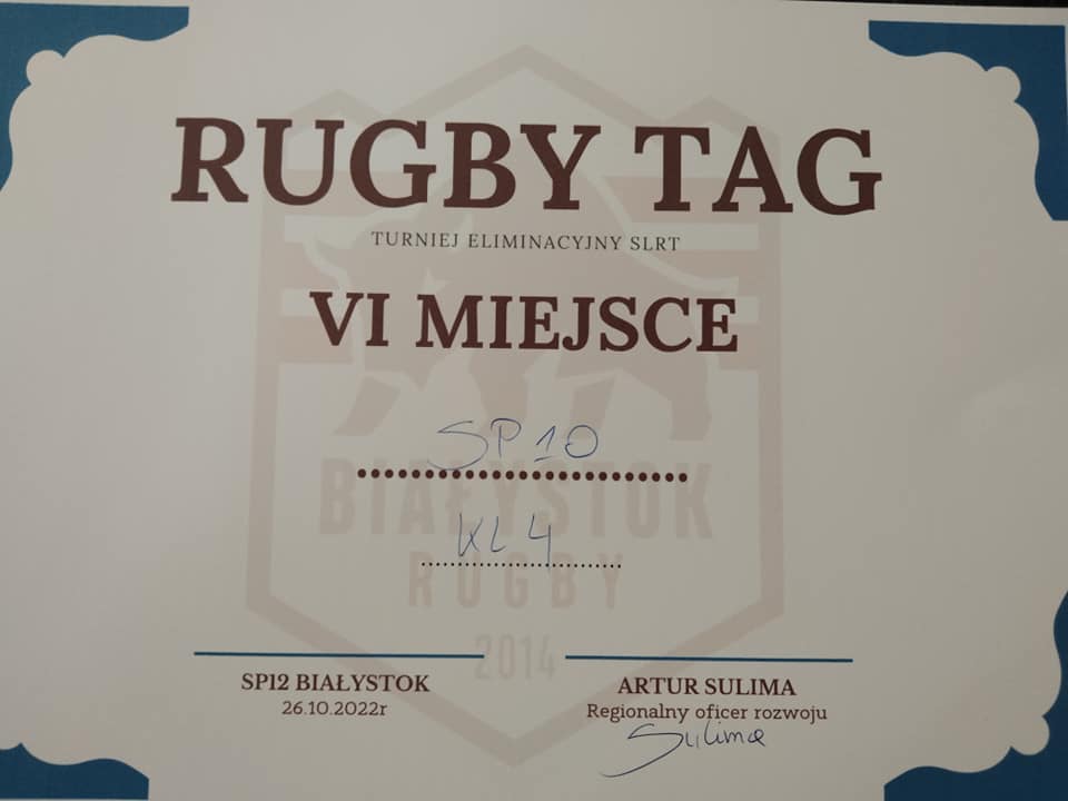dyplom za zajecie szóstego miejsca w turnieju Rugby Tag