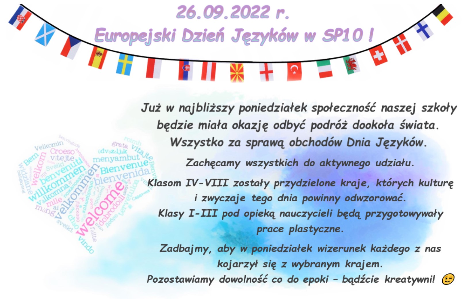 Plakat z zaproszeniem do udziału w Europejskim Dniu Języków - na akwarelowym tle z flagami państw w formie proporczyków.